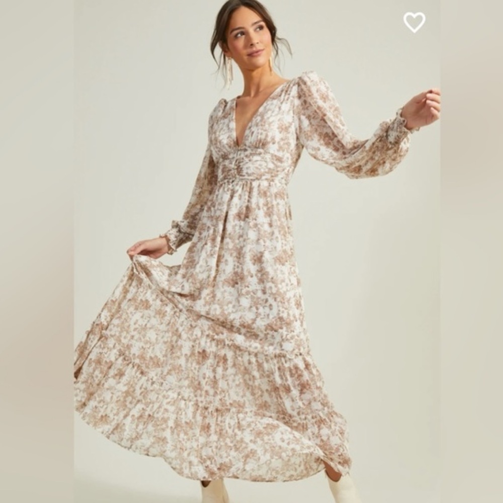 Altar'd State Floral Long Sleeve Dress - Cream and Brown